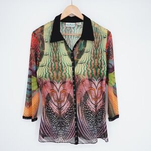 Vintage Womens Y2K Mesh Snap Front Shirt Sz M Disco Grunge Indie Snap Front USA